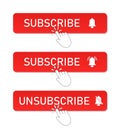 Subscribe button with hand. Subscription icons. Click on video channel. Red logo for online register with bell for member. News Royalty Free Stock Photo