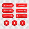 Subscribe button icon set. red realistic switch in different shapes. play and bell notification icon symbol badges. isolated Royalty Free Stock Photo