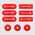 Subscribe button icon set. red realistic switch in different shapes. play and bell notification icon symbol badges. isolated