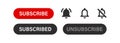 Subscribe button and notification bell alarm icons set. Red button icon flat social media interface. Vector isolated illustration