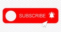 SUBSCRIBE - button red color with handon transparent background. You, Tube channel. Vector illustration Royalty Free Stock Photo