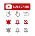 Subscribe button, red and grey bell alerts, chat or reminder notifications, elements for blogging, set of smm icons