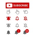 Subscribe button, red and grey bell alerts, chat or reminder notifications, elements for blogging, set of smm icons