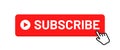 Subscribe button for social media. Subscribe to video channel, blog and newsletter. Red button with hand cursor for subscription