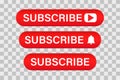 Subscribe button for web site.Colection of red buttons for social media. Vector icon on .transparent background