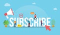 Subscribe channel social media video concept with arrow click button and people working together as team - vector