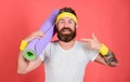Subscribe flexibility challenge. Stretching and pilates concept. Athlete sport coach. Man bearded happy athlete hold mat Royalty Free Stock Photo