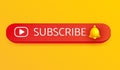 Subscribe icon with yellow bell sign on yellow background for social media reminder. 3d vector illustration style