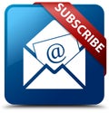 Subscribe (newsletter email icon) blue square button red ribbon Royalty Free Stock Photo