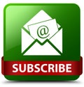 Subscribe (newsletter email icon) green square button red ribbon Royalty Free Stock Photo