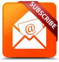 Subscribe (newsletter email icon) orange square button red ribbon in corner Royalty Free Stock Photo