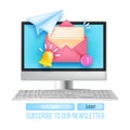 Subscribe newsletter internet vector template, email web marketing, computer screen, keyboard.