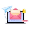 Subscribe newsletter, new email notification concept, laptop screen, paper airplane, open envelope, bell.