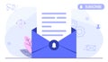 Subscribe now our newsletter vector illustration with tiny people working envelope Royalty Free Stock Photo