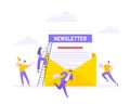 Subscribe now to our newsletter vector illustration with tiny people working with envelope and newsletter. Royalty Free Stock Photo