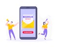 Subscribe now to our newsletter vector illustration with tiny people working with smartphone, envelope and newsletter. Royalty Free Stock Photo