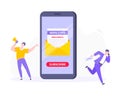 Subscribe now to our newsletter vector illustration with tiny people working with smartphone, envelope and newsletter. Royalty Free Stock Photo