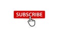 Subscribe red button with finger pointer, button for subscribers and followers of digital content, vector UI element