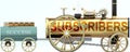 Subscribers and success - symbolized by a steam car pulling a success wagon loaded with gold bars to show that Subscribers is