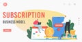 Subscription Business Model Landing Page Template. Tiny Characters at Huge Mobile Phone with Button Subscribe