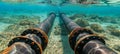 Subsea oil and gas pipeline metal conduit in blue ocean for underwater transport of resources