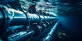 Subsea pipelines carrying oil and gas in deep blue ocean waters. Concept Subsea Pipelines, Oil Transport, Gas Transport, Deep Blue