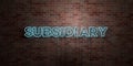 SUBSIDIARY - fluorescent Neon tube Sign on brickwork - Front view - 3D rendered royalty free stock picture