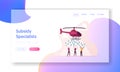 Subsidy, Governmental Help to People Landing Page Template. Characters Catching Dollar Bill Falling from Helicopter