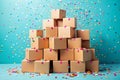 Large Stack of Cardboard Boxes with Pink Tape and Falling Confetti on Teal Background package Royalty Free Stock Photo