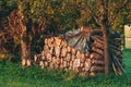 A substantial stack of neatly arranged chopped firewood in the backyard of a farm, prepared for the upcoming winter heating season