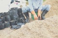 Substrate materials for growing plant. soil and fertilizer in planting bag for transplanting seedling Royalty Free Stock Photo