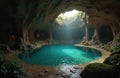 Subterranean cavern with a hidden turquoise pool under sunlight. Underground lake inside the cave. Light beams illuminate the Royalty Free Stock Photo