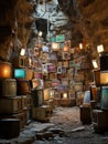 Subterranean Serenity: Pastel-Colored TVs with Glowing Displays in a Cave