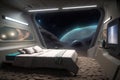 subterranean spaceship bedroom, with view of the stars and distant planets visible through the ceiling