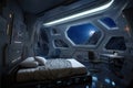 subterranean spaceship bedroom, with view of the stars and distant planets visible through the ceiling