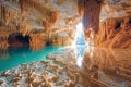 a subterranean wonderland where delicate stalactites are perfectly mirrored in the still waters of a serene cave pool, illuminated