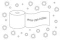 Subtle black and white toilet paper roll with Stop the panic text, simple linear illustration, vector
