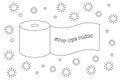 Subtle black and white toilet paper roll with Stop the panic text, simple linear illustration, vector