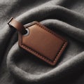 Subtle elegance Brown leather label contrasts against gray textile backdrop, mockup. ai generative Royalty Free Stock Photo