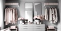 Subtle Glam-our Unveiled: In this Modern Minimalist Dressing Room, Clean Lines and Muted Tones of Soft Gray and Clean White
