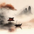Subtle Illustration of Boat Beside a Village Lake Painted with Muted Colors and Done with Minimalist Art Style on a Scroll.