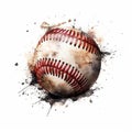 Subtle Ink Wash Baseball With Paint Splashes On White Background