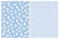 Lovely Hand Drawn Floral Vector Pattern. Light Blue and White Leaves. Blue Background.