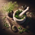 Pestle and mortar filled with fresh herbs, with an array of herbs and spices surrounding