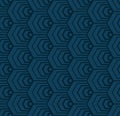 Subtle vector geometric seamless pattern with outline hexagons, tiles, stylized fish scale grid. Dark blue abstract background. Royalty Free Stock Photo