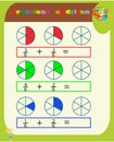 Subtracting Fractions Mathematical Worksheet. Triangles. Coloring Book Page. Math Puzzle. Educational Game. Vector illustration.Pr