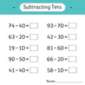 Subtracting Tens. Math worksheets for kids. Mathematics. Development of logical thinking. School education