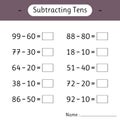 Subtracting Tens. Math worksheets for kids. Mathematics. School education. Development of logical thinking Royalty Free Stock Photo