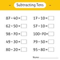 Subtracting Tens. Math worksheets for kids. School education. Development of logical thinking. Mathematics Royalty Free Stock Photo