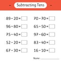 Subtracting Tens. Mathematics. Math worksheets for kids. Development of logical thinking. School education